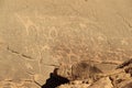 Petroglyphs of a caravan on the rock in Wadi Rum desert