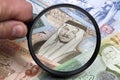 Jordanian dinar in a magnifying glass