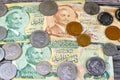 Jordanian money background of old coins and banknotes of Dinars of old times, old vintage retro Jordan money coin and bills,