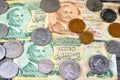 Jordanian money background of old coins and banknotes of Dinars of old times, old vintage retro Jordan money coin and bills,