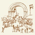 Joseph Mary go to Bethlehem. Vector drawing Royalty Free Stock Photo