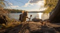 Charming Mouse With Backpack And Stick On Cliff By Small Lake