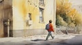 Joseph Walking On Sidewalk Watercolor