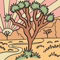 joshua tree arizona desert adventure landscape. Linear retro vector artwork. Sunset background. Royalty Free Stock Photo