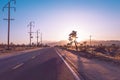 Joshua Tree Park, CAL, USA- 2016: American Desert Sunset Road and Josue Tree Royalty Free Stock Photo