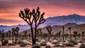 Joshua trees in the desert at dawn. Desert at sunrise with Joshua trees. Joshua tree National Park. Joshua trees