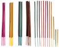 Colorful incense sticks groups and singles