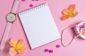 Jotter on a pink background with women`s ornaments. Valentine`s Day Royalty Free Stock Photo