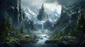 Jotunheim Realm of the Giants. Tower In Jotunheim. Fantasy Norse Mythology And Viking Mythology. Generative AI