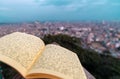 A journal notebook placed outdoors in open. selective focus