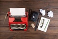 Journalism or blogging concept vintage typewriter on the wooden desk, top view Royalty Free Stock Photo