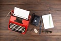 Journalism or blogging concept vintage typewriter on the wooden desk, top view Royalty Free Stock Photo