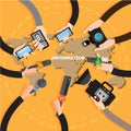 Journalism concept illustration in flat style.Vector live report concept, live news, hands of journalists with microphones,