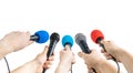 Journalism and conference concept. Many reporter hands hold microphones. Royalty Free Stock Photo