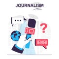 Journalism isolated cartoon concept. Journalist holding microphone at press conference, people scene in flat design. Vector