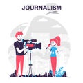 Journalism isolated cartoon concept. Journalist makes report, records story with cameraman, people scene in flat design. Vector