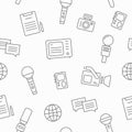 Journalism seamless pattern vector with line icons. News interviewer attributes as a microphone, camera, dictaphone