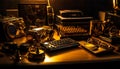 A journalist desk: old fashioned typewriter, modern laptop, antique camera generated by AI Royalty Free Stock Photo