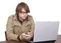 Journalist guy with laptop computer Royalty Free Stock Photo