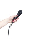 Journalist hand holding microphone on white background Royalty Free Stock Photo