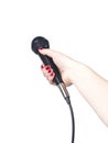 Journalist hand holding microphone on white background Royalty Free Stock Photo