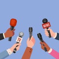 Journalist hands with microphones. Reporters with mics take interview for news broadcast, press conference or newscast. Media