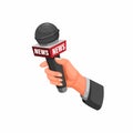 Journalist interview. hand holding microphone with news symbol concept in cartoon illustration vector on white background Royalty Free Stock Photo