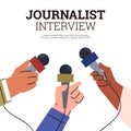 Journalist interview poster with text, flat vector illustration on white background.