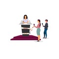 Journalist interviewing politician flat vector illustration. Press conference, politic public speech. Interviewer, reporter with