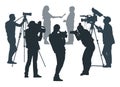 Journalist are interviewing, silhouette. Press conference, reporters. People with video and photo cameras. Vector illustration Royalty Free Stock Photo