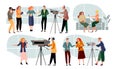 Journalist interviews vector illustration, cartoon news presenters character, people with microphone, mass media set