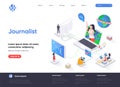 Journalist isometric landing page. Breaking news reportage, online interview, tv broadcasting, live press release isometry web