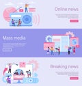 Journalist landing page. Online news banner, mass media website, breaking news content. Recording interview with camera Royalty Free Stock Photo