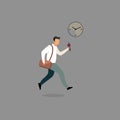 Journalist with microphone hurry up flat vector illustration. Interviewer, reporter running cartoon character. Breaking news,