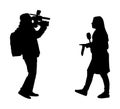 Journalist News Reporter Interview with camera crew  silhouette illustration isolated. TV reporter interviewed people. Royalty Free Stock Photo