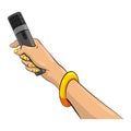 Journalist in pop art comic style, hand hold microphone. Voice recorder in hand of reporter. Press conference or Royalty Free Stock Photo