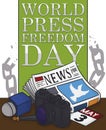 Journalist`s Work Elements for a Peaceful World Press Freedom Day, Vector Illustration