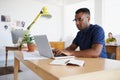 Journalist, serious or black man typing on laptop working on email, business project or online research. Computer Royalty Free Stock Photo