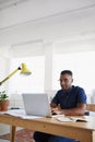 Journalist, typing or black man with laptop for research working on online business or copywriting. Computer, digital Royalty Free Stock Photo