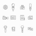 Journalist vector line icons. News interviewer attributes as a microphone, camera, dictaphone using for interview