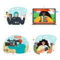 Journalist at work flat vector scene set