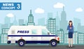 Journalistic concept. Detailed illustration of reporter and TV or news car in flat style on on background with cityscape