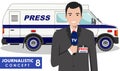 Journalistic concept. Detailed illustration of reporter and TV or news car in flat style on white background. Vector