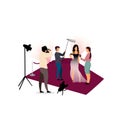 Journalists interviewing celebrity flat vector illustration. Photographers, paparazzi photographing movie star, female singer,