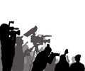 Journalists are interviewing, silhouette. Press conference of reporters. Crowd of people with video cameras and microphones.