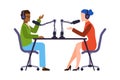 Journalists or newscaster. Man and woman talk live, podcast or broadcast online show, headphones and microphones in