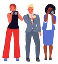 Journalists and photographer team vector illustration. News channels and radio stations workers interviewing standing