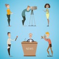 Journalists, reporters, cameraman, photographer. Collection of cartoon characters. Royalty Free Stock Photo