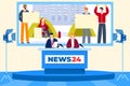 Journalists work in news studio, people on television, communication with announcer, design cartoon style vector