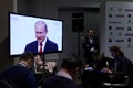 Journalists working during the speech of President Putin Royalty Free Stock Photo